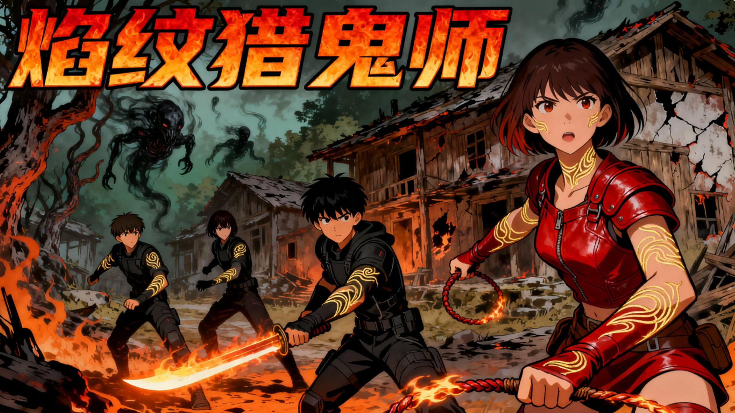 原创动漫《焰纹猎鬼师》海报，手持长刀的少年在燃烧的夜林中挥刀