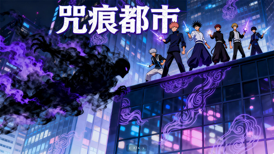 原创动漫《咒痕都市》海报，站在高楼屋顶结印的青年与漂浮的咒文