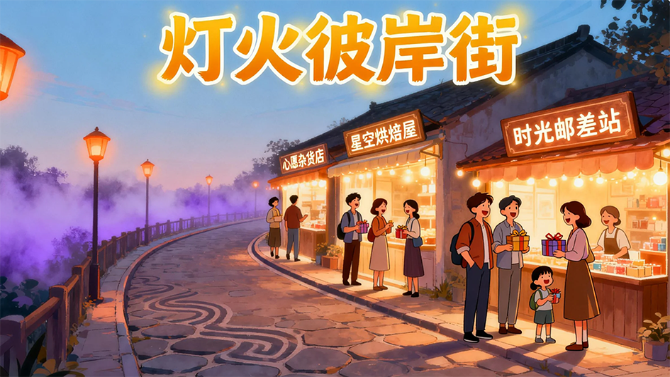 原创动漫《灯火彼岸街》海报，少女推开通往灵界商店街的大门