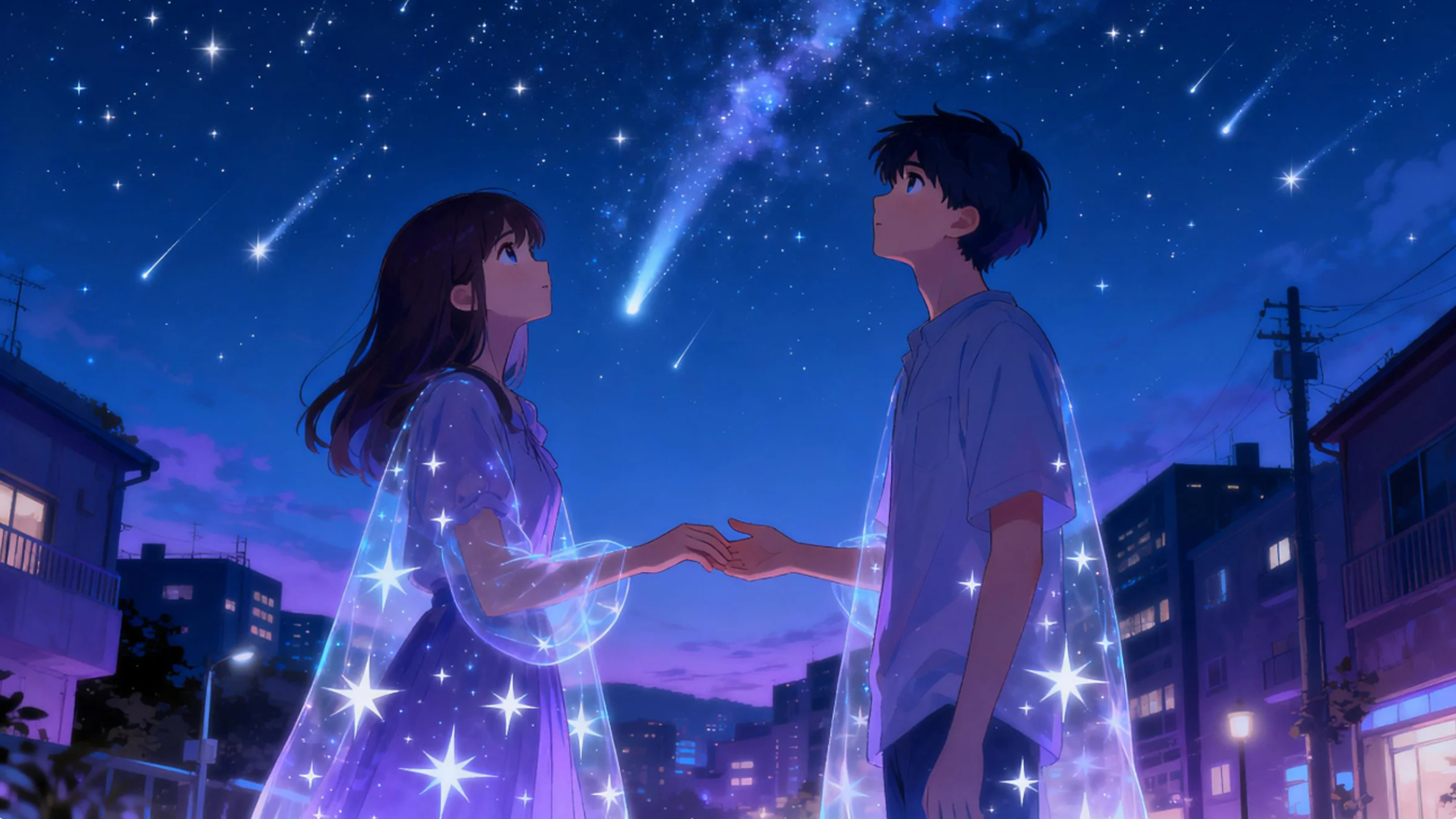 原创动漫《彗星之约》，两位少年少女在流星雨下对望