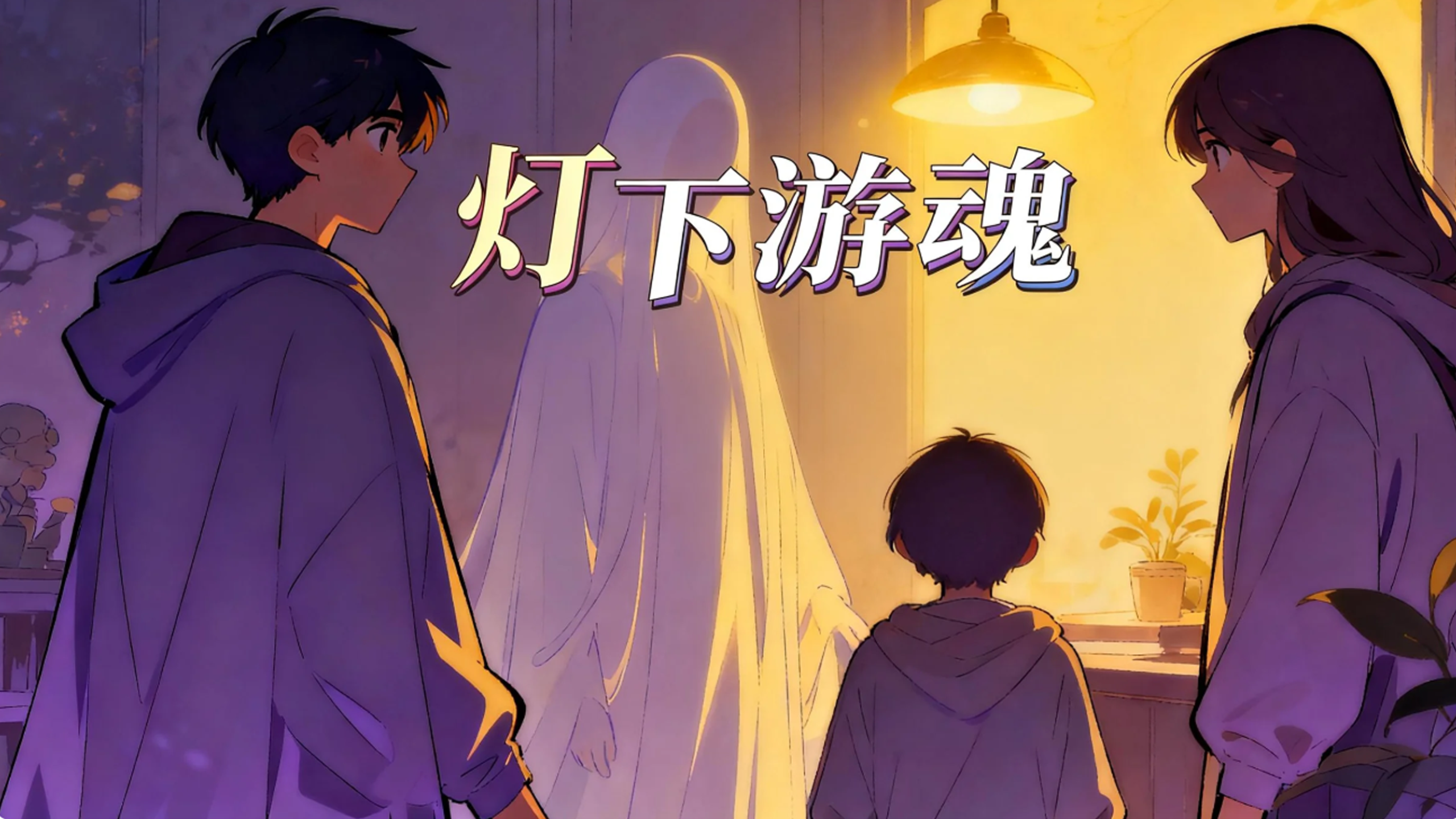 原创动漫《灯下游魂》海报，少女在灯火通明的灵界街道上与幽灵擦肩