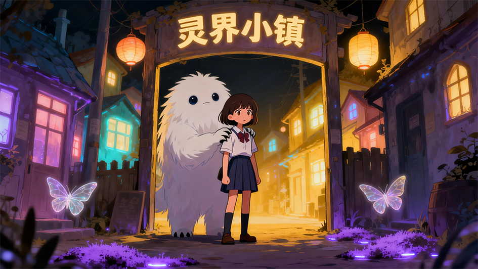原创动漫《灵界小镇》，灯火通明的异世界小镇与行走的少女剪影