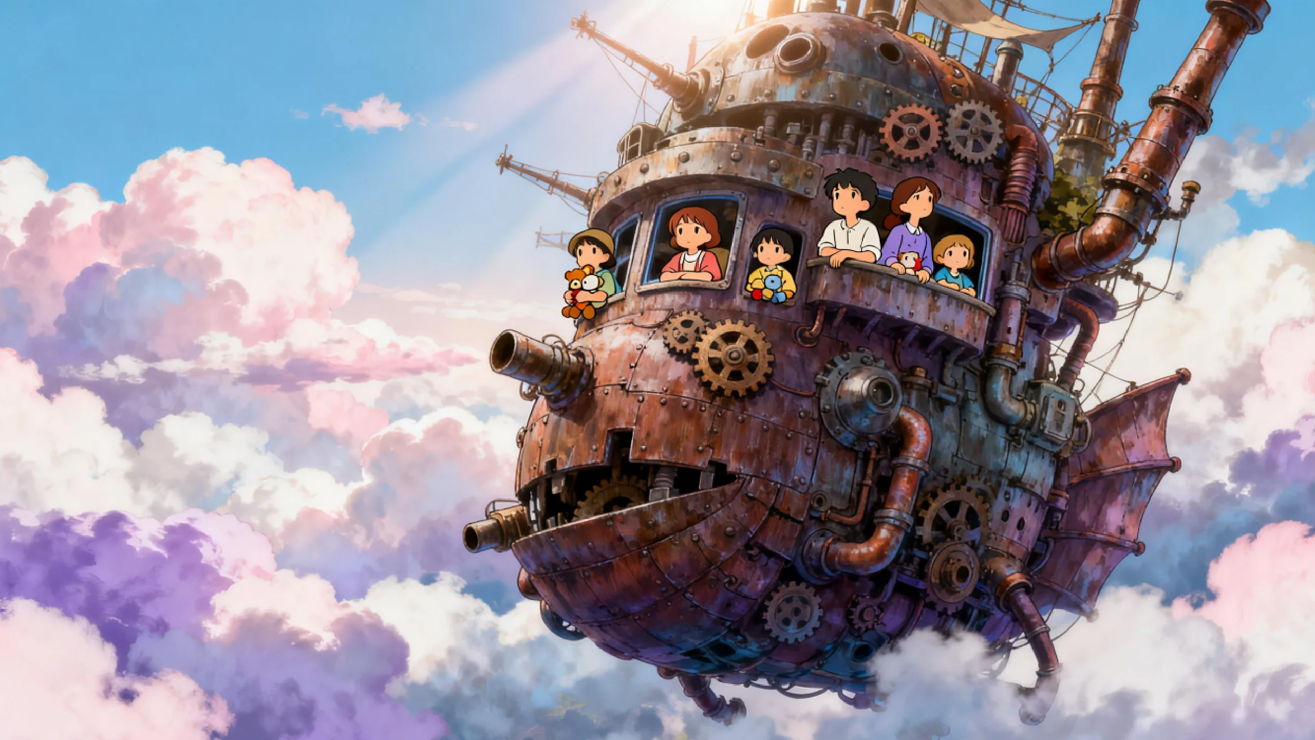 原创动漫《云上城堡》海报，悬浮在云层上的巨大机械城堡与远眺的少女