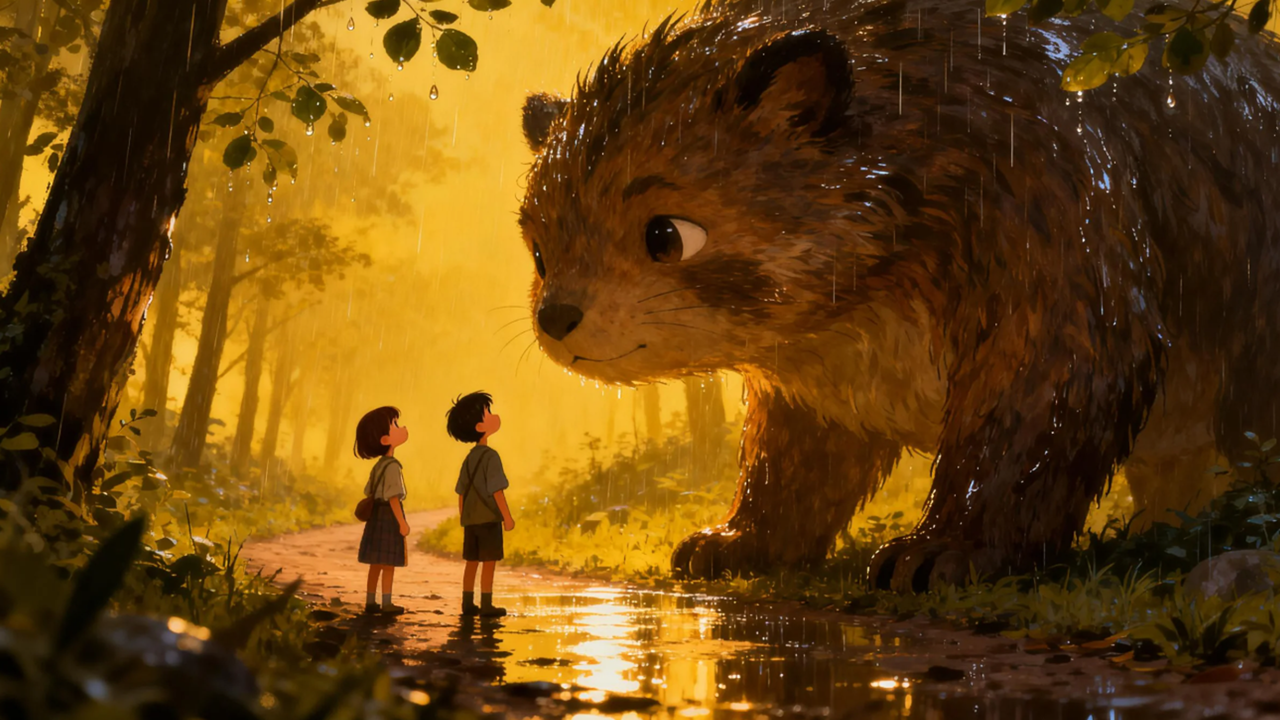 原创动漫《森林守护兽》，圆滚滚的森林巨兽与两个小孩在雨夜候车