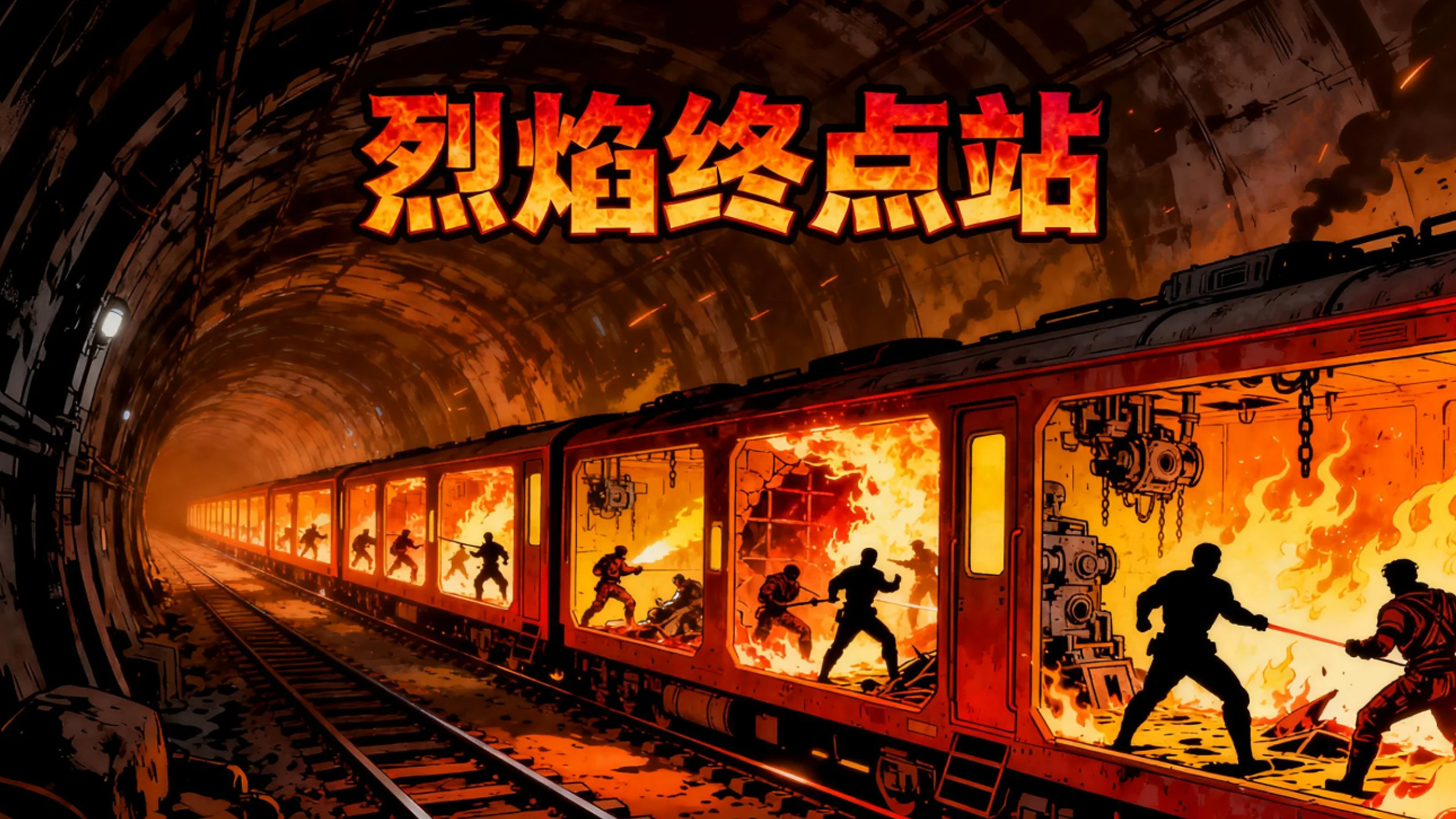 原创动漫《烈焰终点站》海报，燃烧铁轨上的列车与挥剑的战士剪影