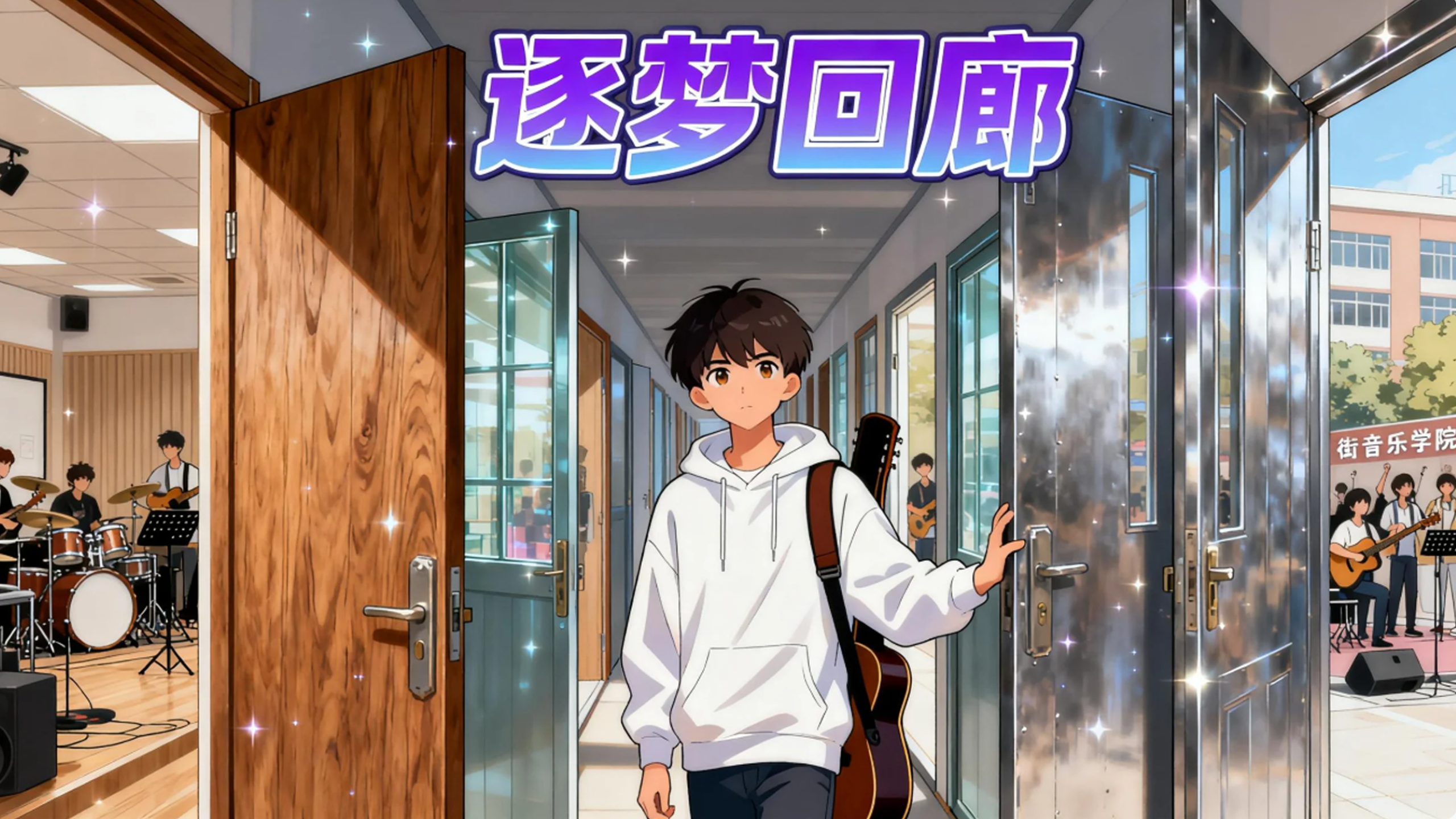 原创动漫《逐梦回廊》海报，少年在光之回廊中追逐吉他与纸飞机