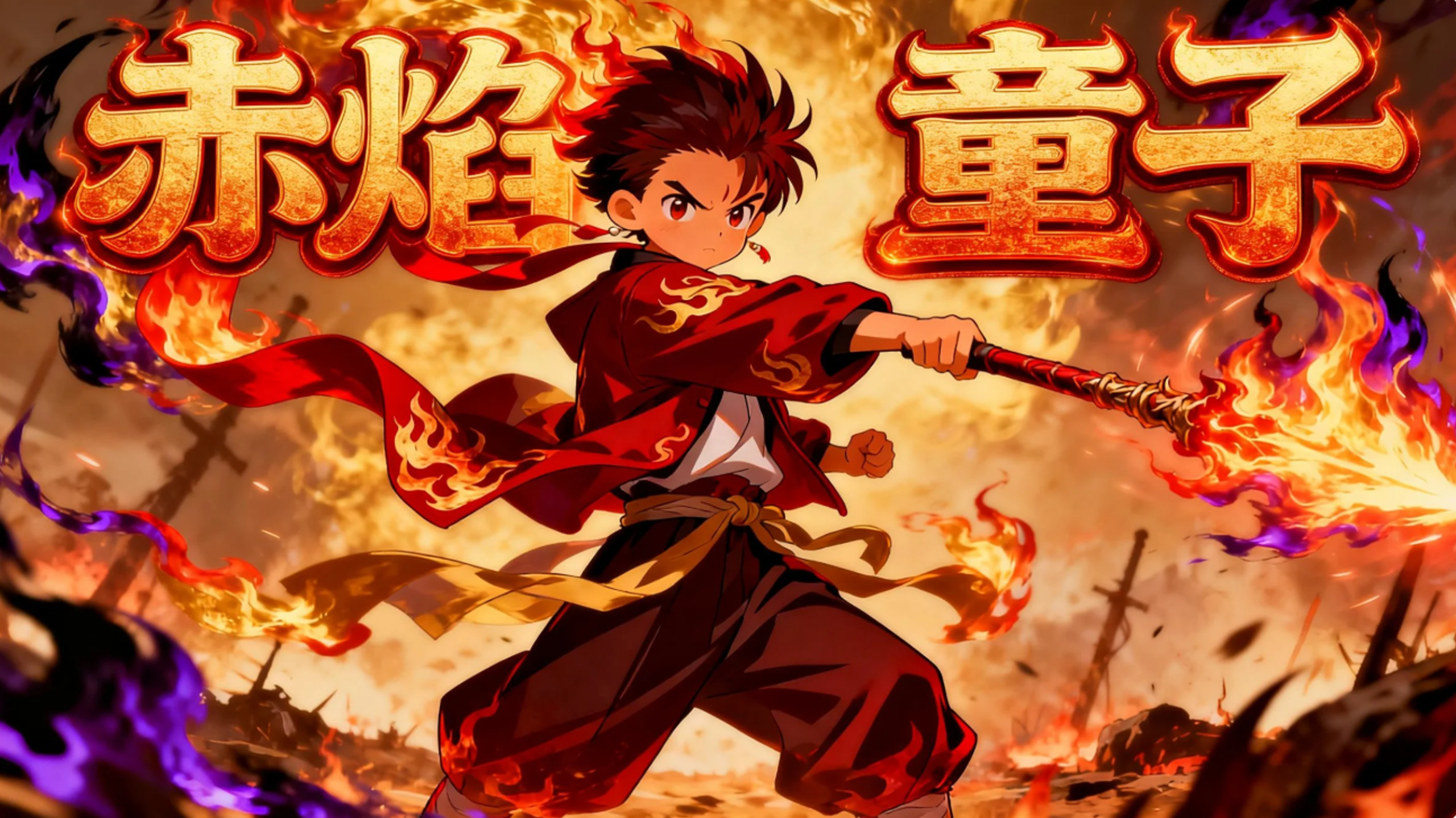 原创动漫《赤焰童子》海报，脚踩火轮的少年在风沙中对峙巨影