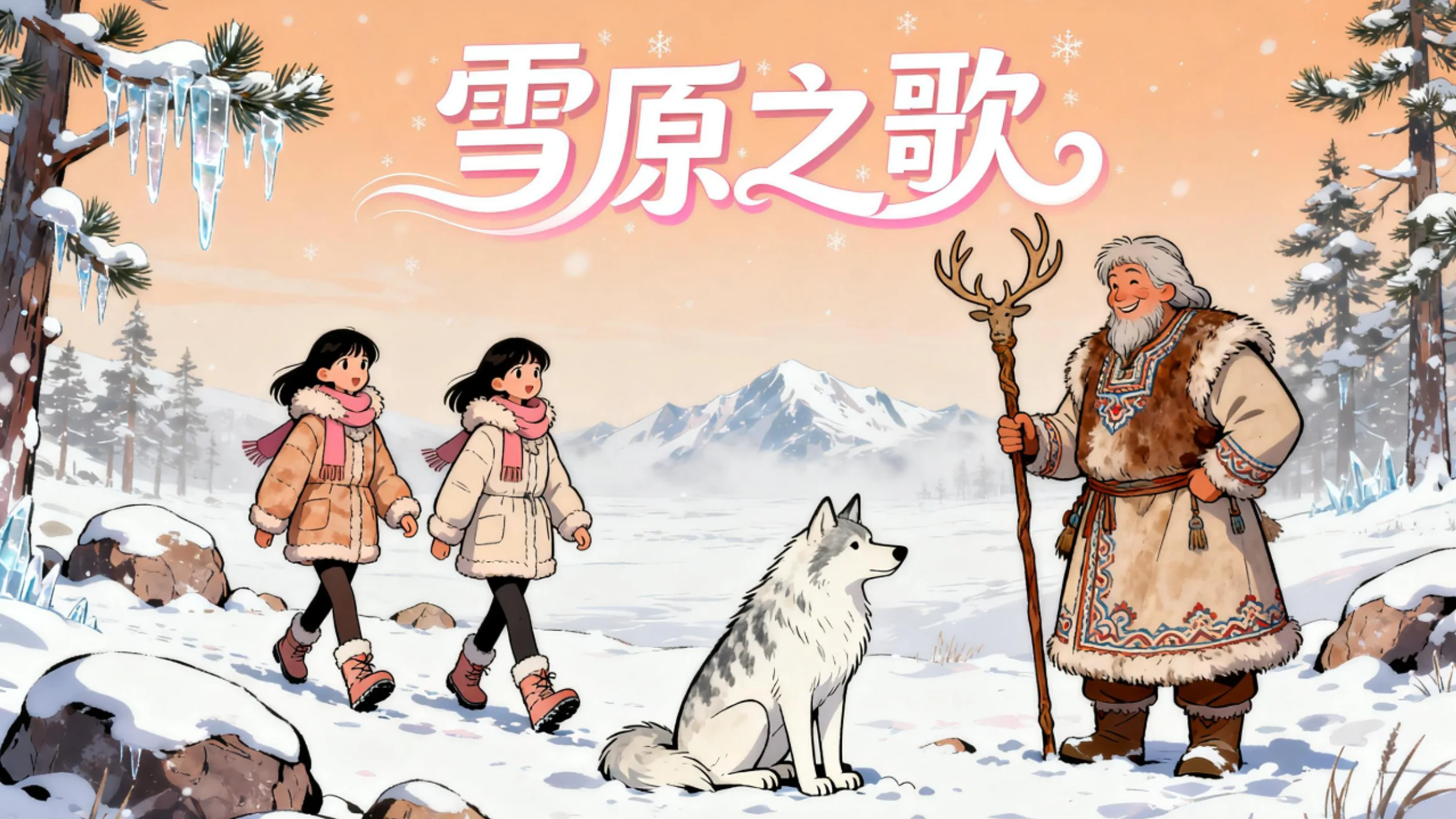 原创动漫《雪原之歌》海报，站在极光雪原上的姐妹与雪狼