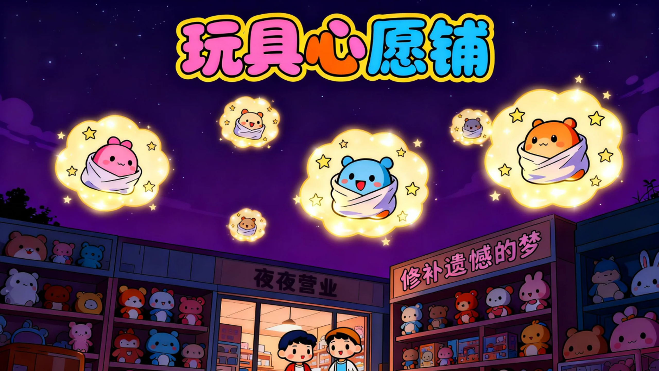 原创动漫《玩具心愿铺》海报，被夜色与玩具包围的小镇玩具店